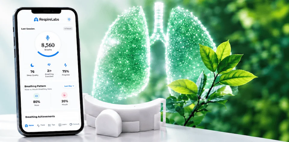 Aplikacja RespireLabs z nocną sesją oddechową obok białego urządzenia RespireLabs
